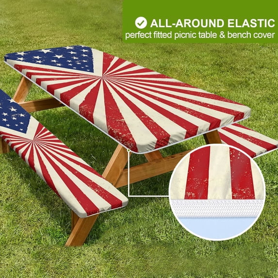 Picnic Table Cover with Bench Covers Elastic Edges, Farm Plaid Fitted Table Cover, Outdoor Patio Camping Essentials 3PCS, Waterproof Camping Fitted Tablecloth,Foring Camping.