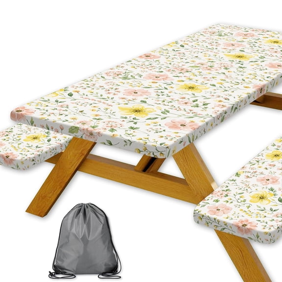 Picnic Table Cover with Bench Covers Elastic Edges Fitted 30x72 Inch Yellow Pink Wild Flower Tablecloth Cover Waterproof Windproof Oilproof Camping Essentials for Indoor Outdoor Garden 3PCS