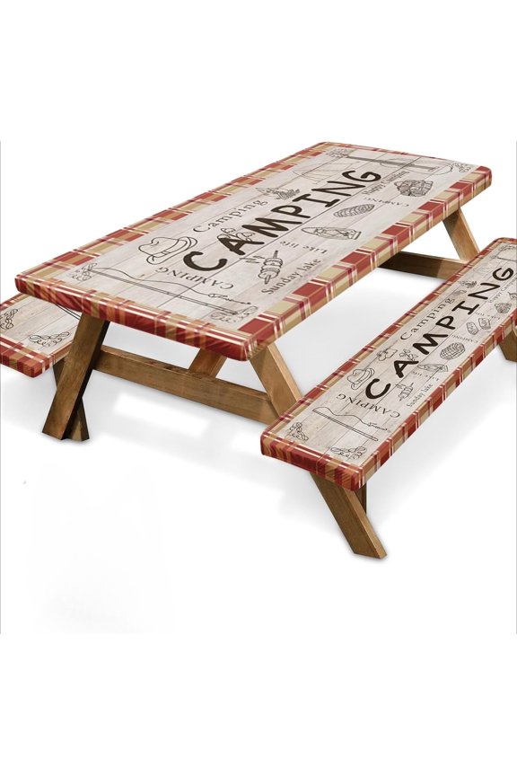 Picnic Table Cover with Bench Covers Elastic Edges, Red Plaid Fitted Table Cover, Outdoor Patio Camping Essentials 60 Inch 3PCS, Waterproof Camping Fitted Tablecloth
