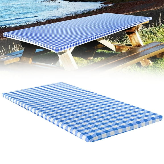Picnic Table Cover with Bench Covers -Fitted with Elastic, Vinyl with Anti-Slip Back, Fits for Table 30"x 72" Rectangle,Water Proof, Checked Blue Design