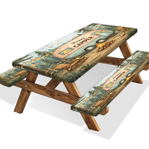 Picnic Table Cover with Bench Covers, Forest RV Campfire Tent Cloud Bird Waterproof Windproof Fitted Tablecloth Cover with Elastic Edge, for Indoor & Outdoor, Garden, Camping, 3 PCS 30x72 Inch