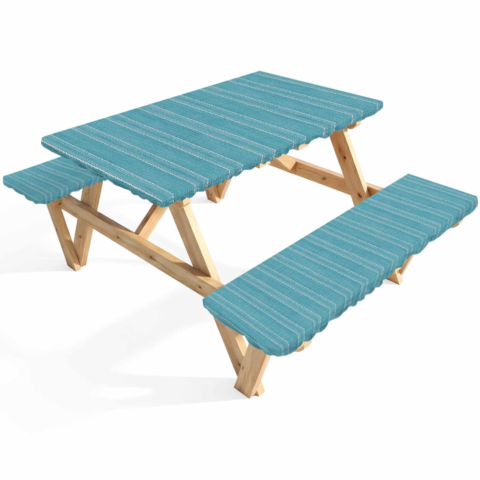 Picnic Table Cover with Bench Covers Turquoise Linen Stripes Picnic ...