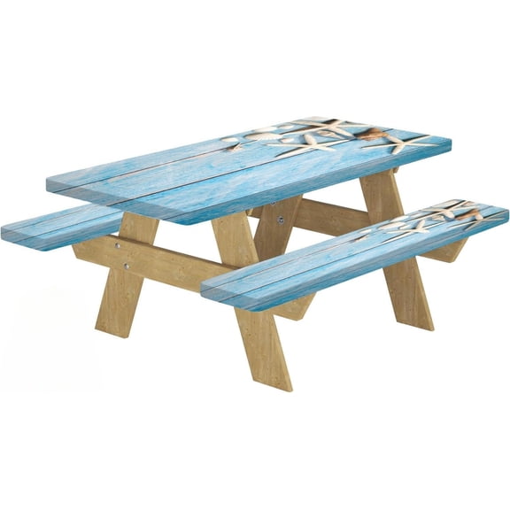 Picnic Table Cover with Bench Covers Waterproof Camping Tablecloth Sea Shells Outdoor Table Protector for Camping Essentials, 60X30in, Summer Blue Wood