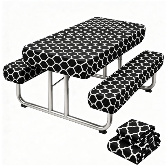 TickJOY 6 Ft Picnic Table Cover with Bench Covers, Waterproof Elastic Fitted Outdoor Tablecloth with Washable Polyester Fabric for Camping Picnic BBQ Parties (Black, 30x72 Inch, 3Pc Set)
