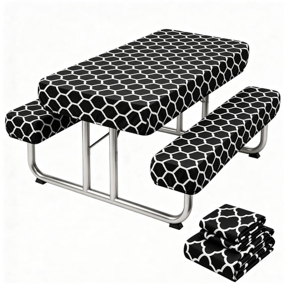 TickJOY 6 Ft Picnic Table Cover with Bench Covers, Waterproof Elastic Fitted Outdoor Tablecloth with Washable Polyester Fabric for Camping Picnic BBQ Parties (Black, 30x72 Inch, 3Pc Set)