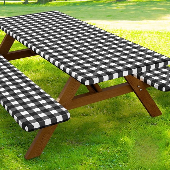 Picnic Table Cover with Bench Covers, Waterproof Elastic Fitted Tablecloths for 6 Foot Rectangle Tables, Washable Buffalo Plaid Tablecloth for Camping, Outdoor (Black & White, 30"x72")