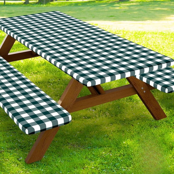 Picnic Table Cover with Bench Covers, Waterproof Elastic Fitted Tablecloths for 6 Foot Rectangle Tables, Washable Buffalo Plaid Tablecloth for Camping, Outdoor (Emerald Green & White, 30"x60")