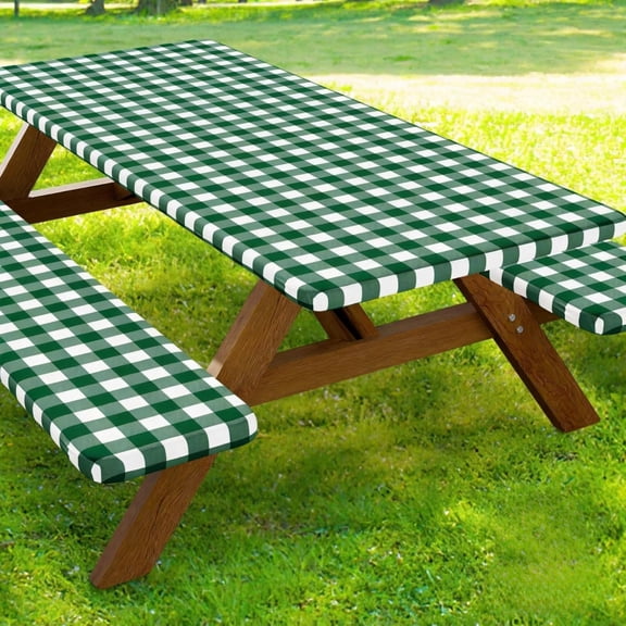 Picnic Table Cover with Bench Covers, Waterproof Elastic Fitted Tablecloths for 6 Foot Rectangle Tables, Washable Buffalo Plaid Tablecloth for Camping, Outdoor (Hunter Green & White, 30"x60")