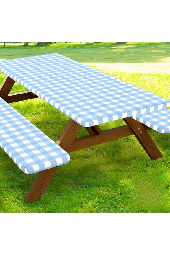 Picnic Table Cover with Bench Covers, Waterproof Elastic Fitted Tablecloths for 6 Foot Rectangle Tables, Washable Buffalo Plaid Tablecloth for Camping, Outdoor (Light Blue & White, 30"x60")