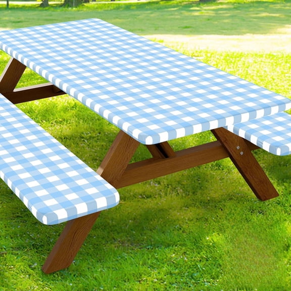 Picnic Table Cover with Bench Covers, Waterproof Elastic Fitted Tablecloths for 6 Foot Rectangle Tables, Washable Buffalo Plaid Tablecloth for Camping, Outdoor (Light Blue & White, 30"x60")