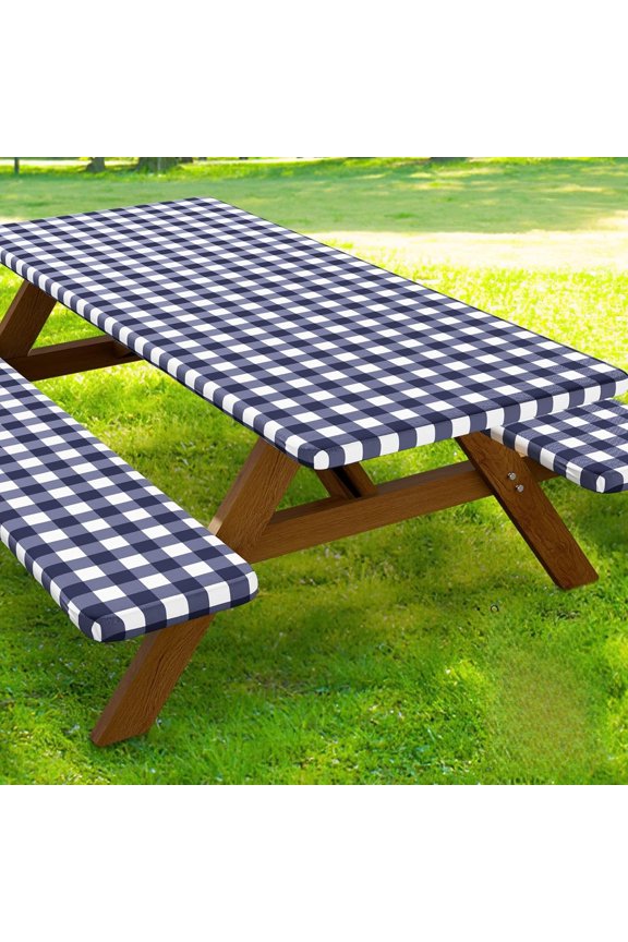 Picnic Table Cover with Bench Covers, Waterproof Elastic Fitted Tablecloths for 6 Foot Rectangle Tables, Washable Buffalo Plaid Tablecloth for Camping, Outdoor (Navy & White, 30"x60")
