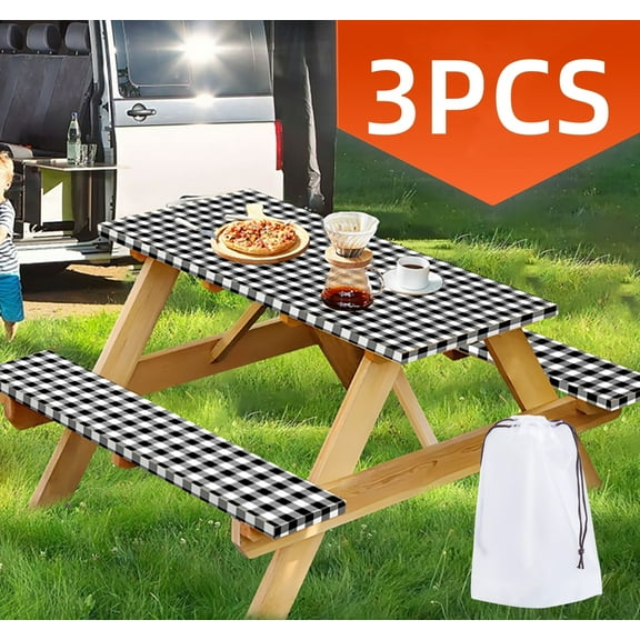 Picnic Table Cover Bench Covers Waterproof Picnic Tablecloth Flannel Backing Elastic Edge Plasticr Vinyl for Home Goods Indoor Outdoor Patio Black White 3PCS
