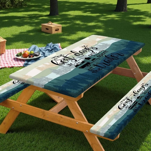 Picnic Table Cover Bench Elastic Edges, Green Blue Camping Forest Camper Fitted Table Cover, Outdoor Patio Camping Essentials 96 Inch 3PCS, Waterproof Camping Fitted Tablecloth with Drawstring Bag