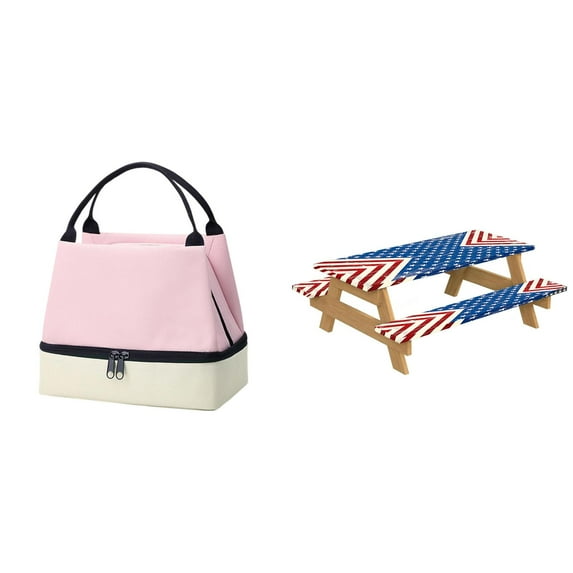 Picnic Table Cover Fitted with Bench Covers & Insulated Lunch Bag, Waterproof Elastic Camping Tablecloth, Washable Fitted Tablecloths for 6 Ft Rectangle Tables and Seats for Outdoor, 72x30 In 4Pcs