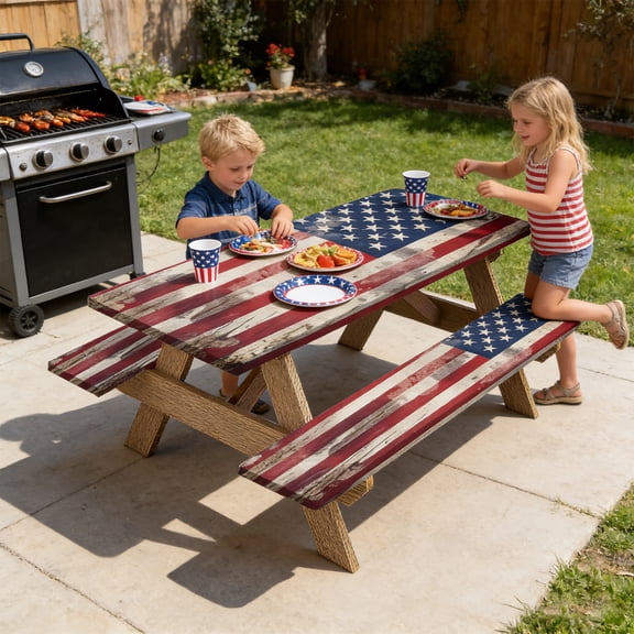 Picnic Table Cover,Picnic Decorations,72*30IN Picnic Table Cover with Bench Covers Camping Essentials American Flag Outdoor Table Covers(B)