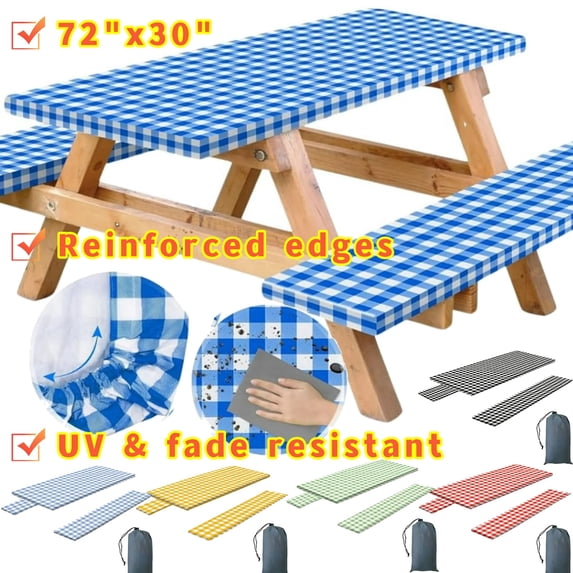 Picnic Table Cover with Bench Covers, 3pcs Set Outdoor Waterproof Picnic Tablecloth with Elastic Edges, 72x30 Inches, Blue
