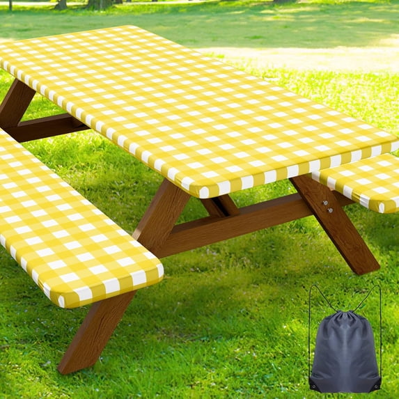 Picnic Table Cover with Bench Covers, 3pcs Set Outdoor Waterproof Picnic Tablecloth with Elastic Edges, 72x30 Inches, Yellow