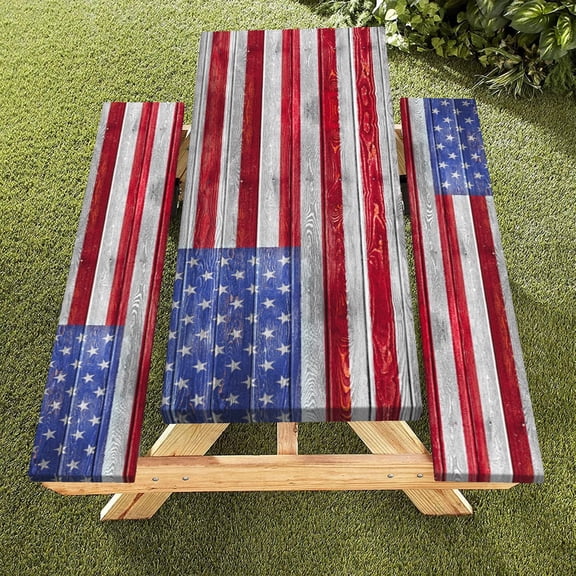 Picnic Table Cover with Bench Covers American Flag Fitted Picnic Table Cloths Elastic Picnic Tablecloth Outdoor Camping Essentials