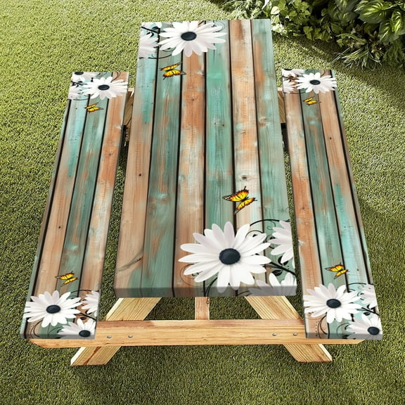 Picnic Table Cover with Bench Covers Daisy Waterproof Fitted Picnic Table Cloths Wood Texture Elastic Picnic Tablecloth Outdoor Camping Essentials