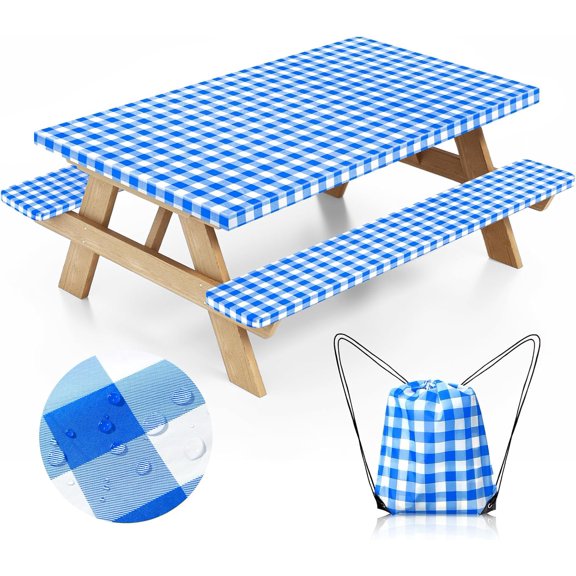 Picnic Table Cover with Bench Covers and Bag, Camping Table Camping Essentials Cover with Elastic Edges, 72x30 Inches 3 Pcs Set (Blue)