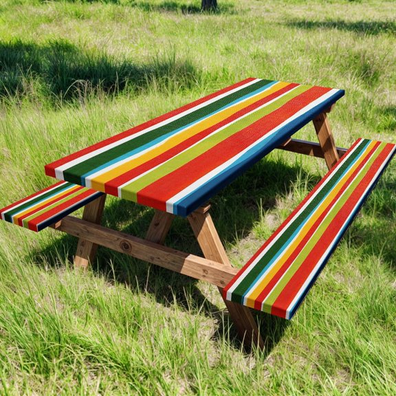 Picnic Table Covers with Bench Covers Modern Stripe Camping Tablecloth 6FT for 6 Person Fitted Picnic Table Cover with Elastic Windproof Waterproof Fabric, Camping Accessories Patio & Outdoor