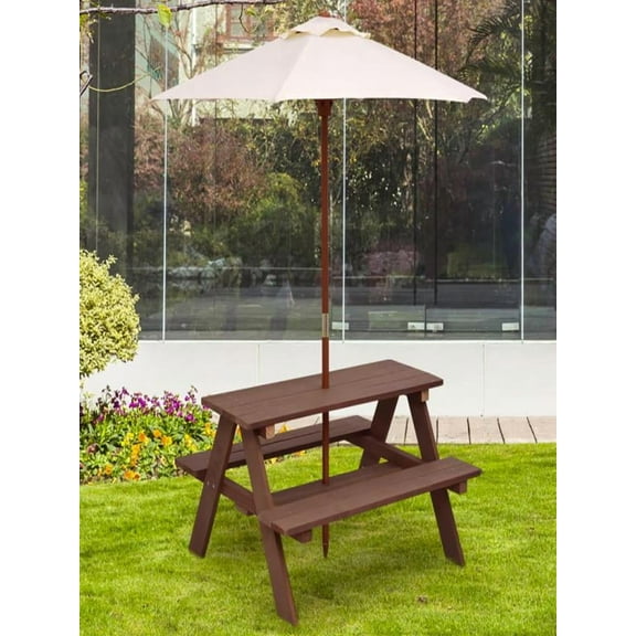Picnic Table, Outdoor Wooden Bench Set w/Removable Umbrella, Backyard Furniture for Patio Garden, Picnic Table for Outdoors