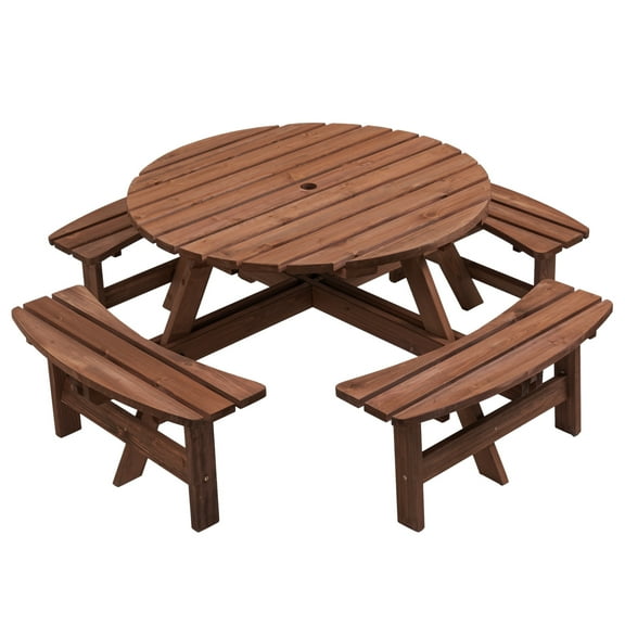 Picnic Table Set for 8 Person, Circular Outdoor Wooden Table with 4 Built-in Benches and Umbrella Hole, Snack Table for Garden Patio Backyard Beach Camping, Brown