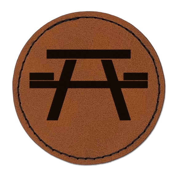 Picnic Table Solid 2.5" Faux Leather Round Engraved Iron-On Patch - Brown