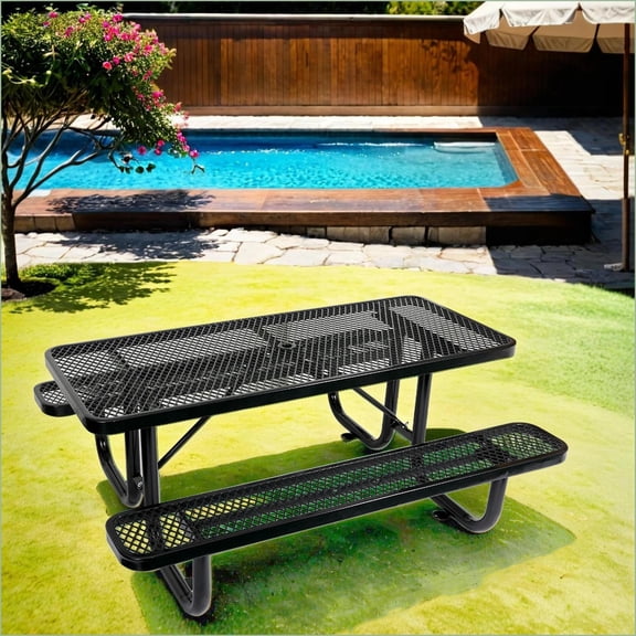 Picnic Tables | Mesa de Picnic, 6ft Steel Outdoor Table with Umbrella Hole, for Patio Camp Garden | Black | Rectangle
