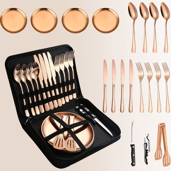 Picnic Tableware Set Camping Dinnerware Copper/Rose Gold Silverware and Plates Kit Portable Utensils Stainless Steel Dishes Spoons Forks Knives Bottle Opener Food Tongs
