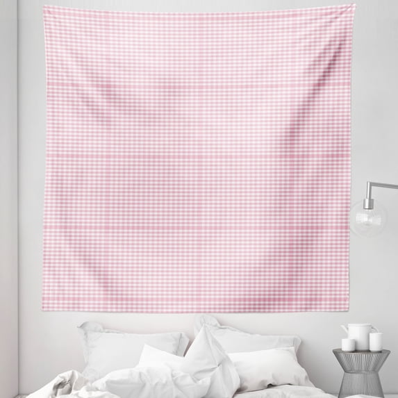 Picnic Tapestry, Continuous Gingham Check Simplistic Concept Buffalo Squares Illustration, Fabric Wall Hanging Decor for Bedroom Living Room Dorm, 5 Sizes, Pale Pink White, by Ambesonne