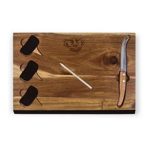 Picnic Time 833-00-512-643-0 Wisconsin Badgers - Delio Acacia Bamboo Cheese Board & Tools Set