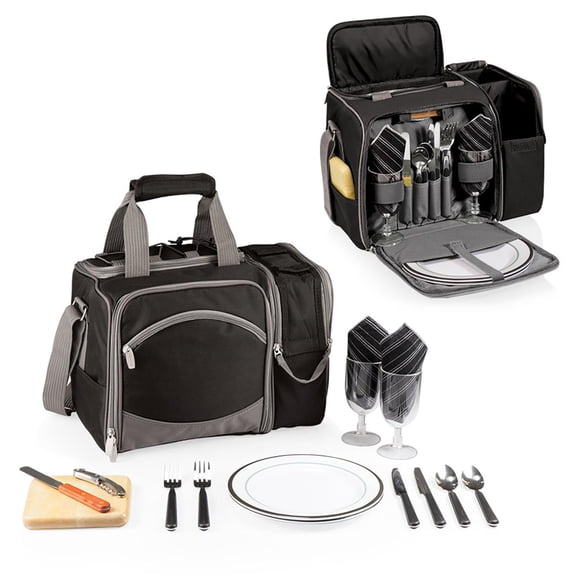 Picnic Time Malibu Insulated Cooler Picnic Tote, Service for 2, Black with Silver Grey, 15 x 9 x 11 []