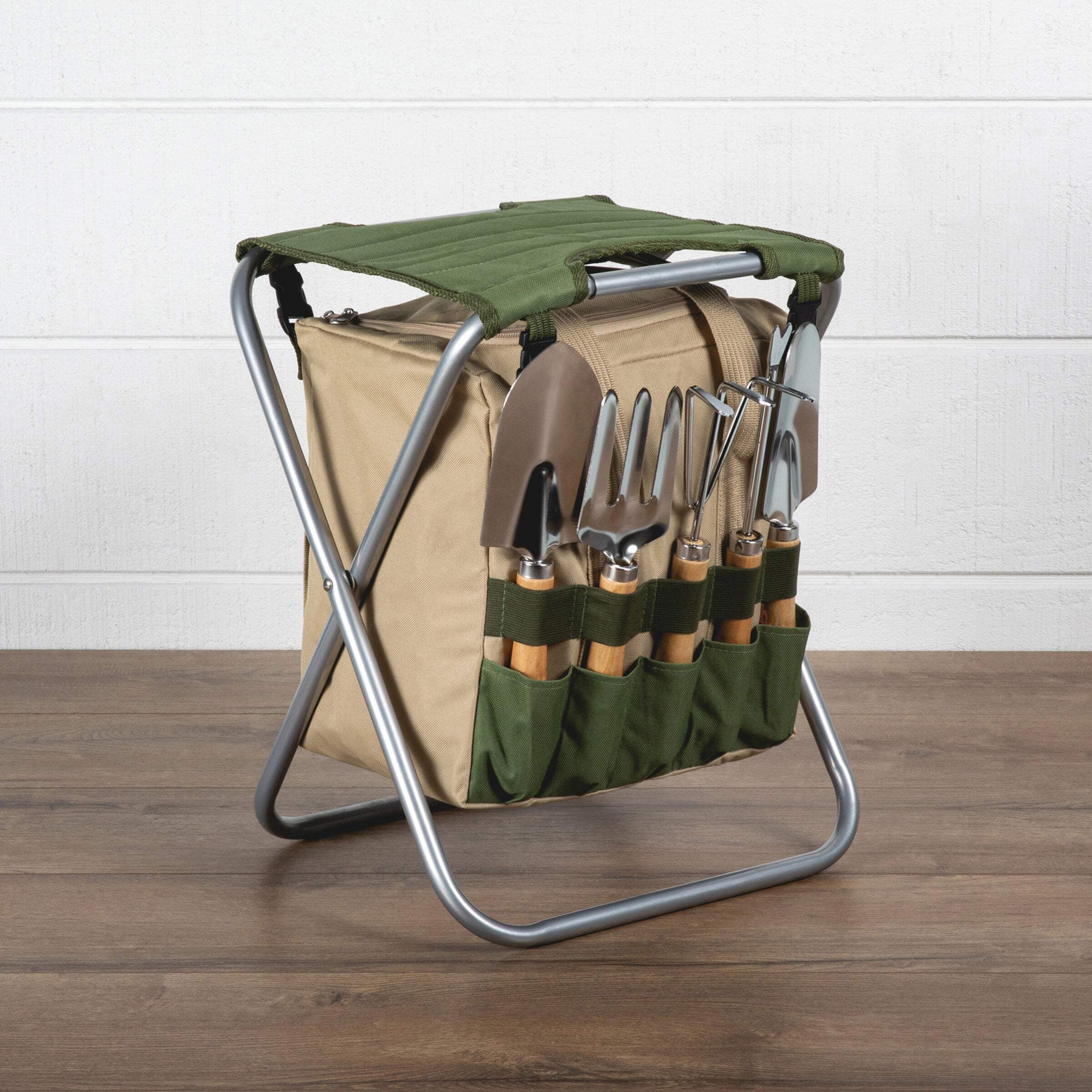 Picnic Time 5pc Garden Tool Set with Tote And Folding Seat: Portable Gardening Gift Kit