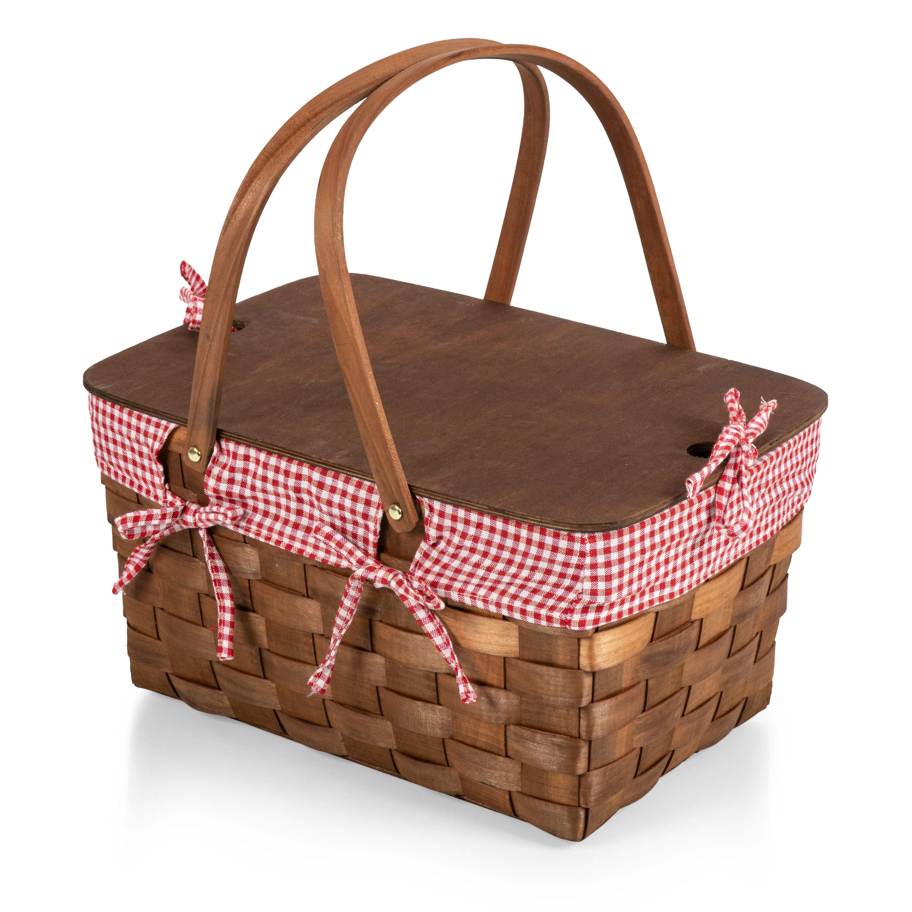 Kansas Large Handwoven Wood Picnic Basket with Red and White Gingham Pattern