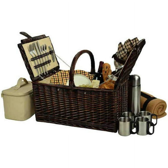 Picnic at Ascot 714BC-L Buckingham  Basket for 4 with Blanket & Coffee-Brown Wicker-London Plaid