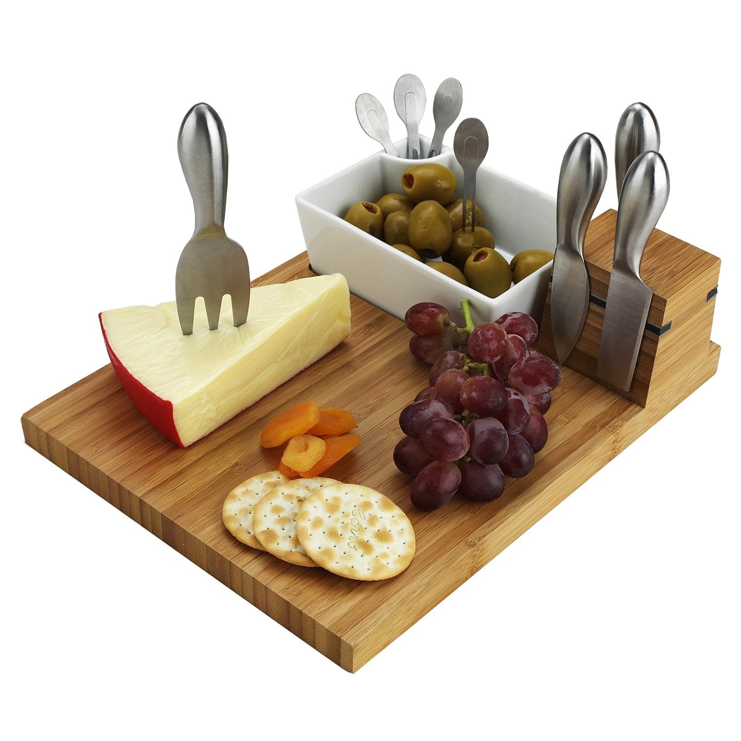 Picnic at Ascot Bamboo Charcuterie Board with Cheese Tools & Ceramic Dish