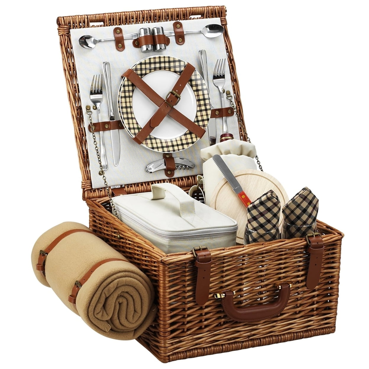 Handcrafted Natural Willow Picnic Basket with Blanket and Accessories