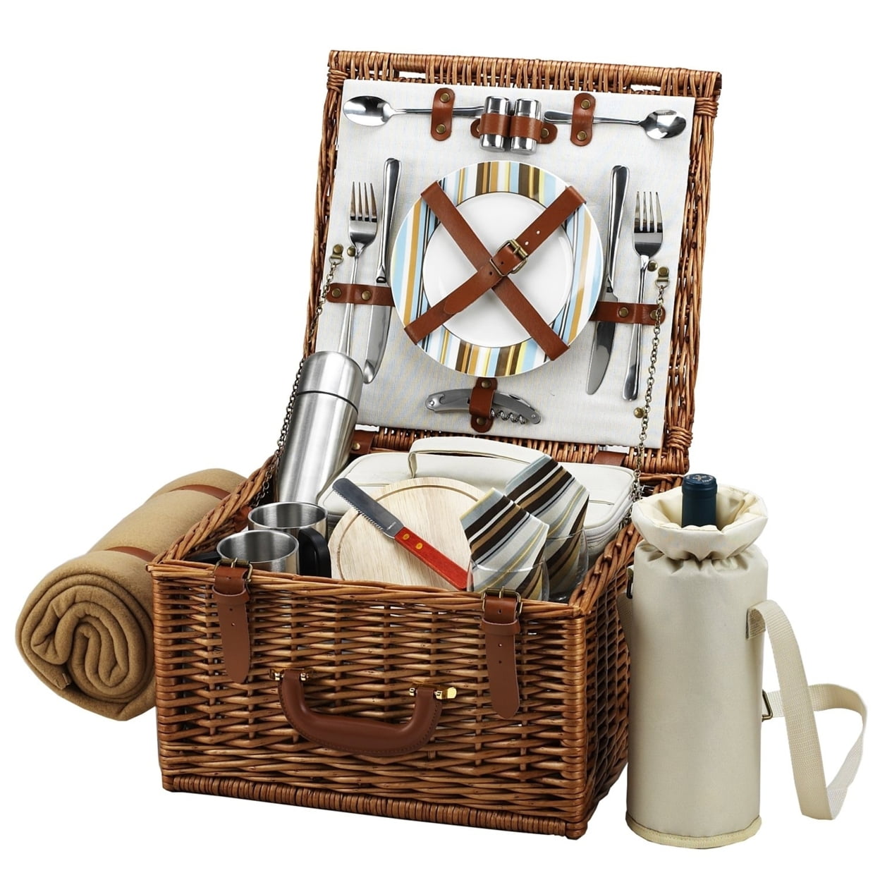 Handcrafted Wicker Picnic Basket with Coffee Set and Blanket