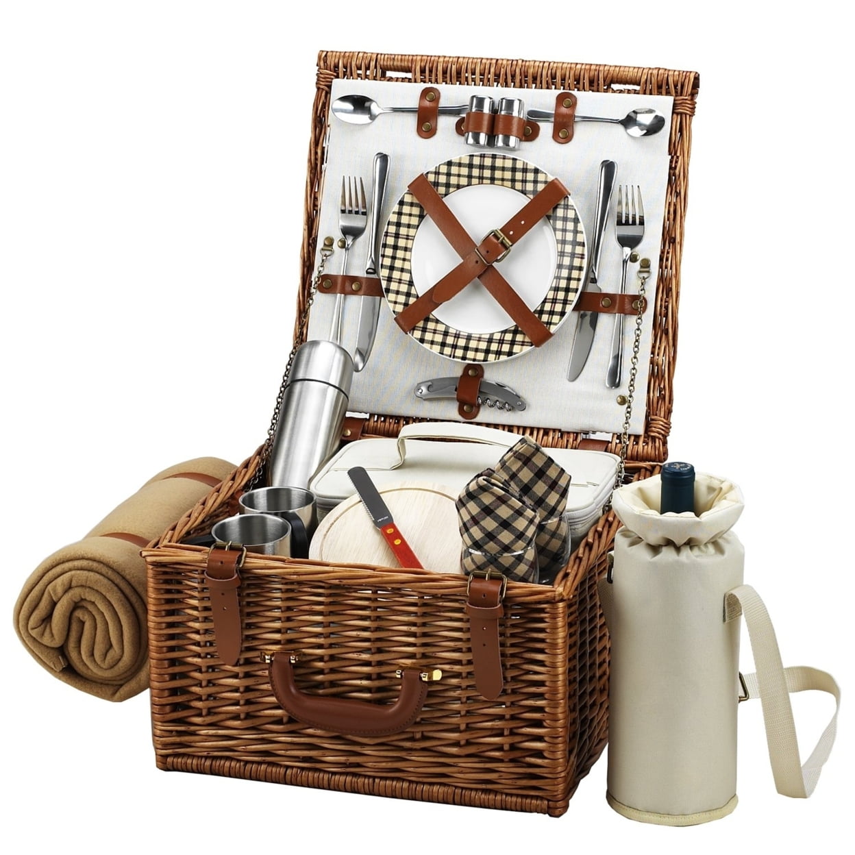 Natural Willow Picnic Basket with Service for 2 and Fleece Blanket