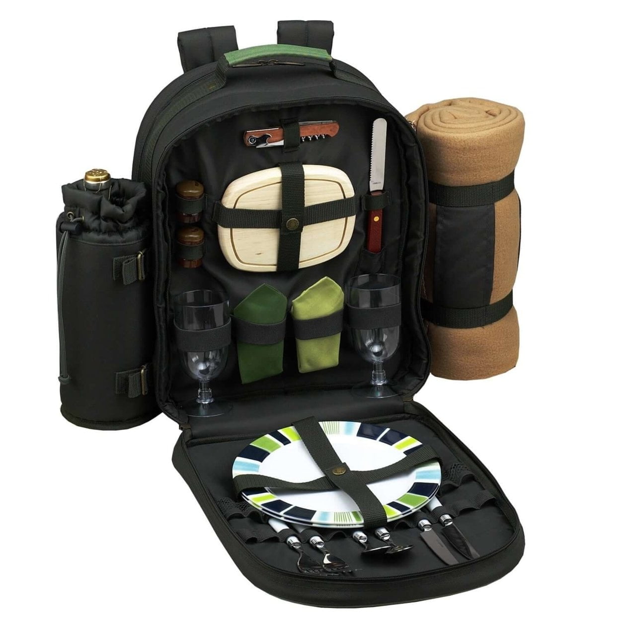 Green Polycanvas Picnic Backpack for Two with Blanket and Cooler