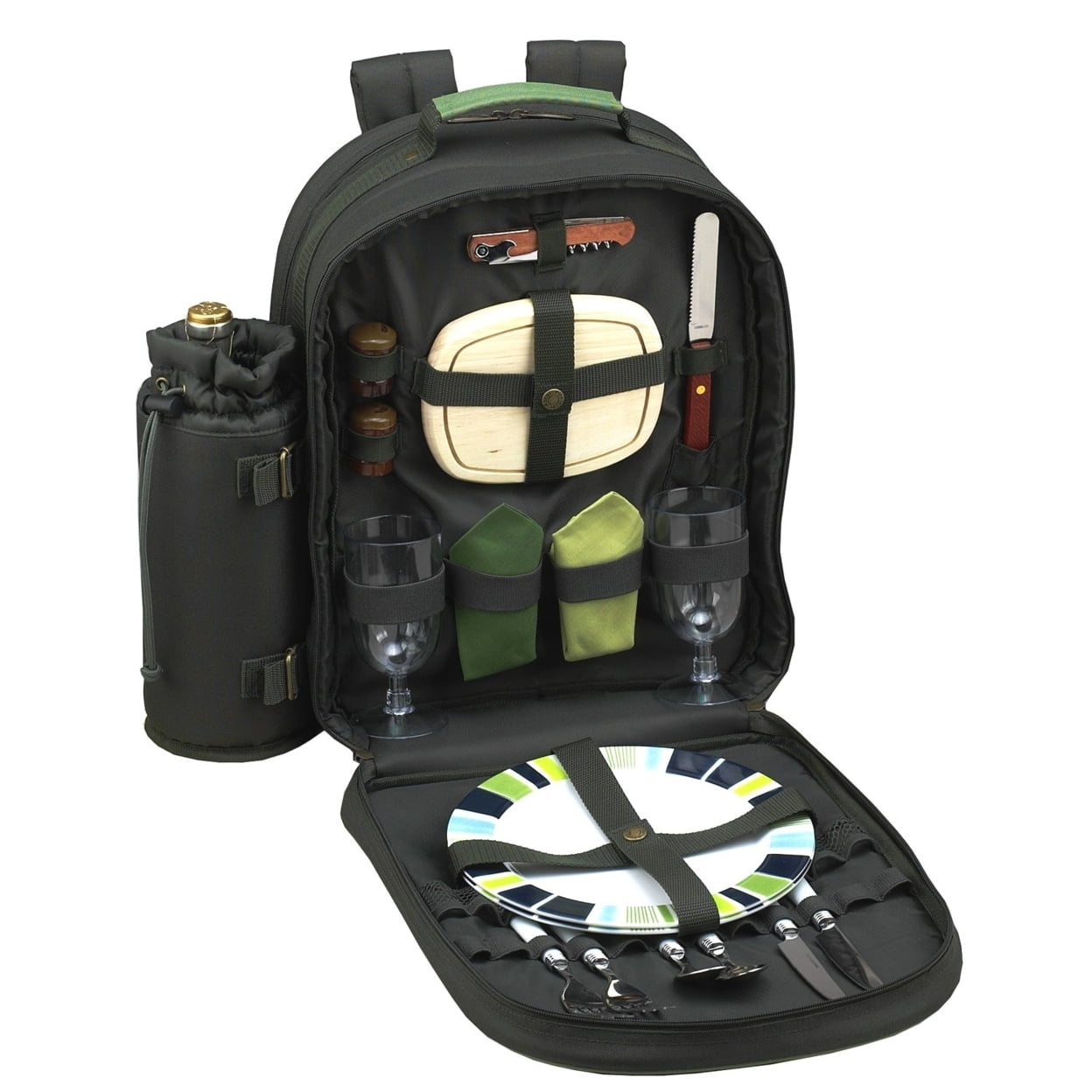 Forest Green Two Person Picnic Backpack with Cooler and Accessories