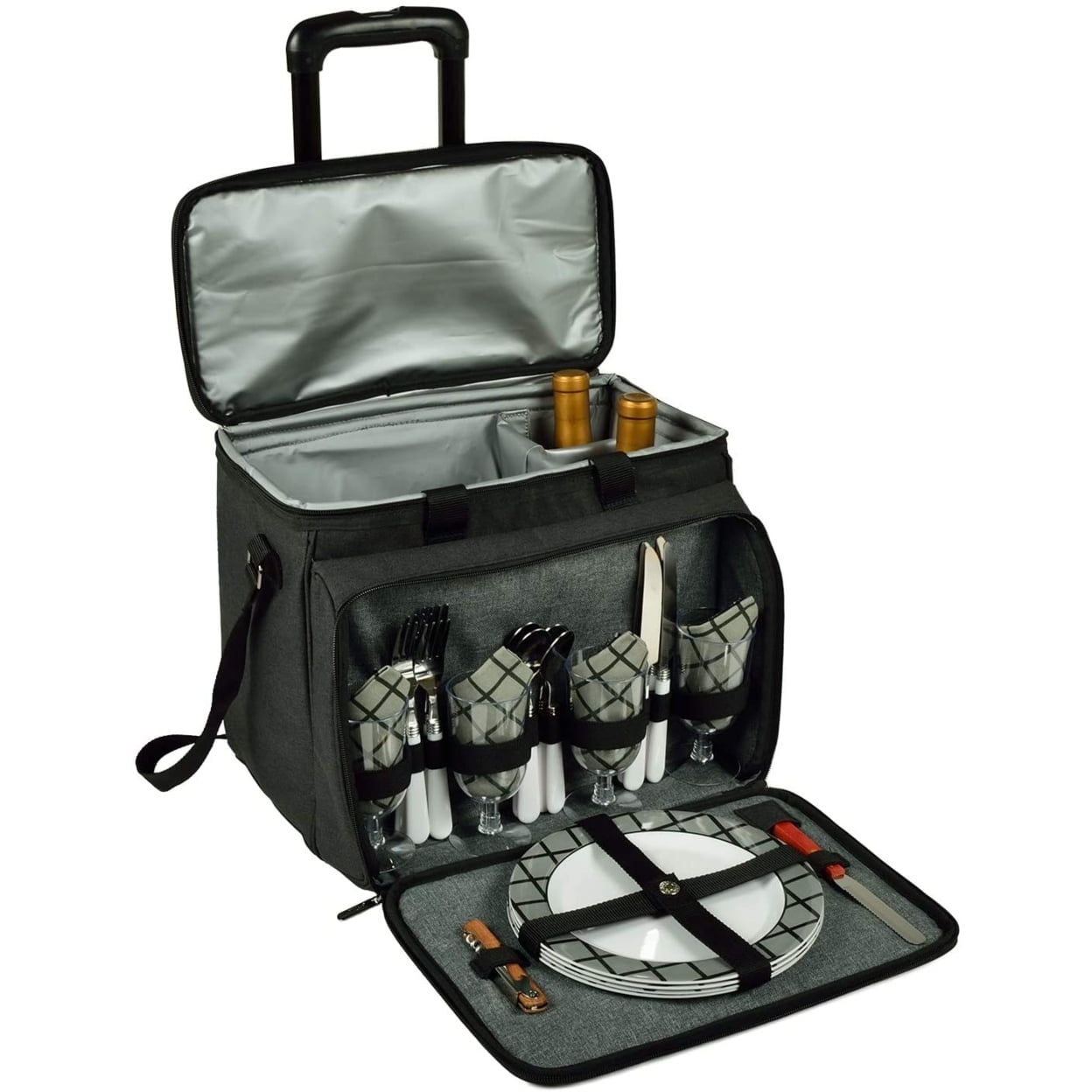 Charcoal Insulated Rolling Picnic Cooler with Service for Four