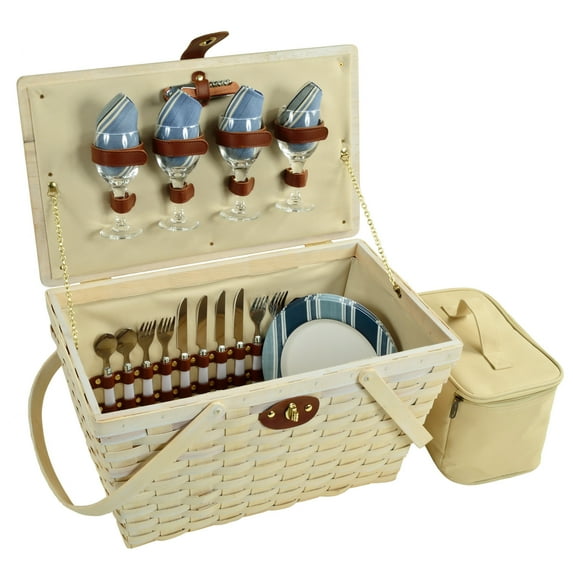 Picnic at Ascot Settler Traditional American Style Picnic Basket with Service for 4 - Blue Stripe (717W-AG)