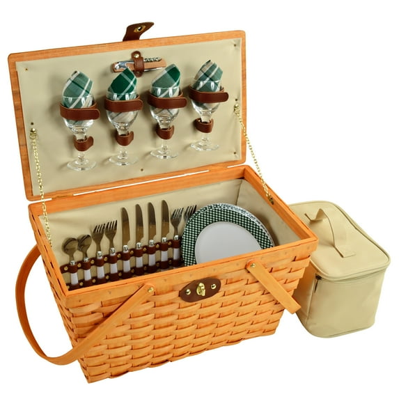 Picnic at Ascot Settler Traditional American Style Picnic Basket with Service for 4 - Green Plaid (717H-GP)
