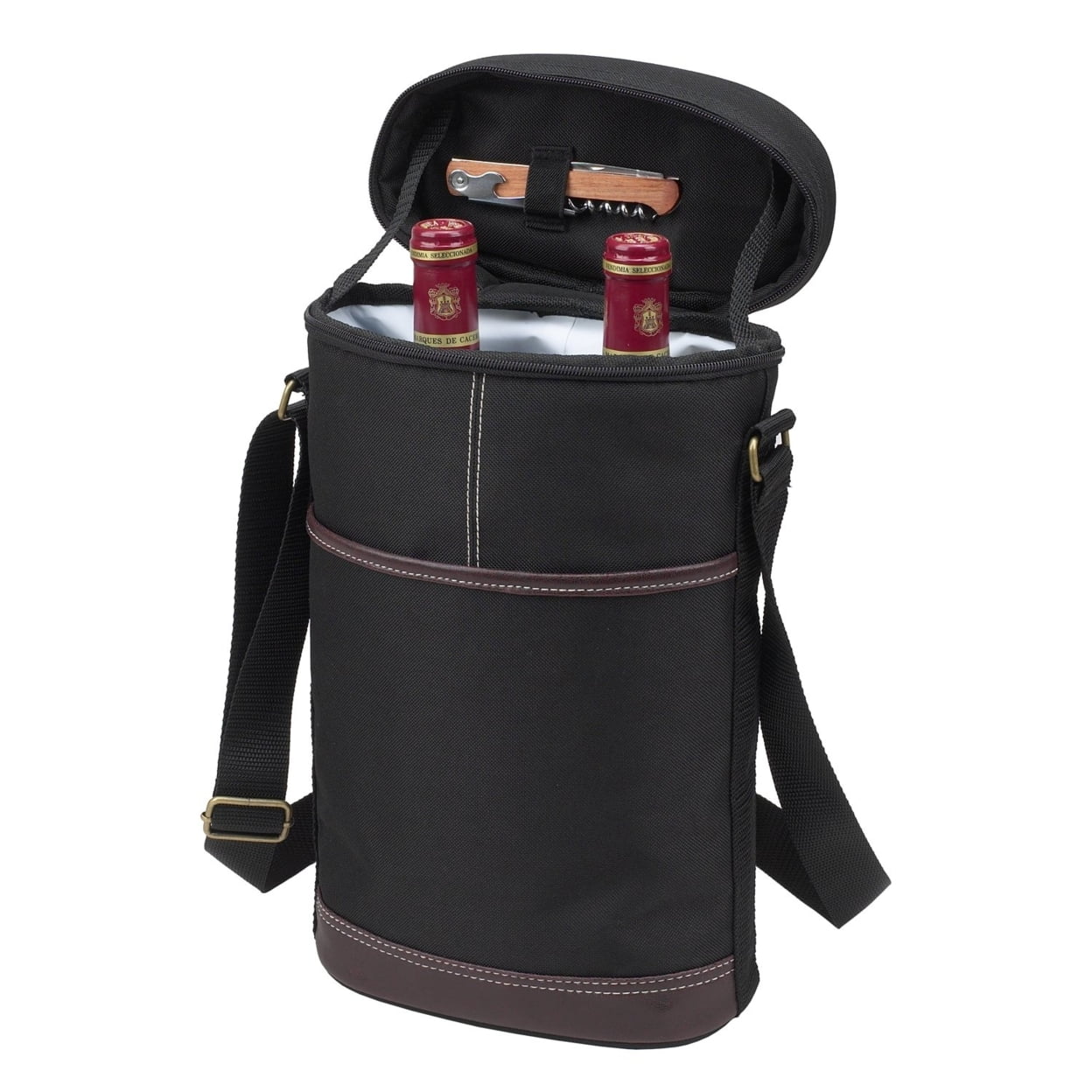 Black Canvas Two Bottle Insulated Wine Carrier with Corkscrew