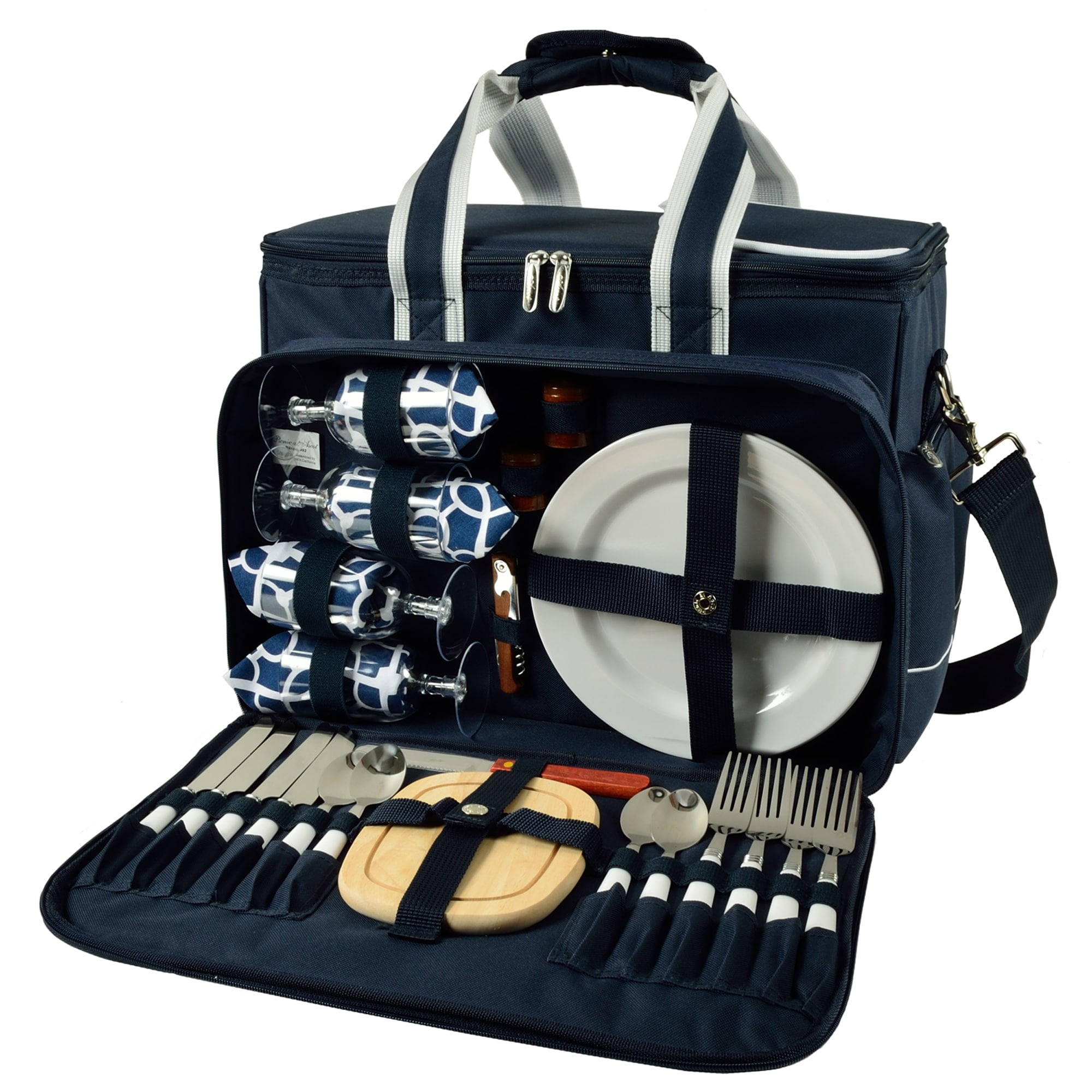 Navy Blue Insulated Picnic Cooler Bag with Wooden Accessories