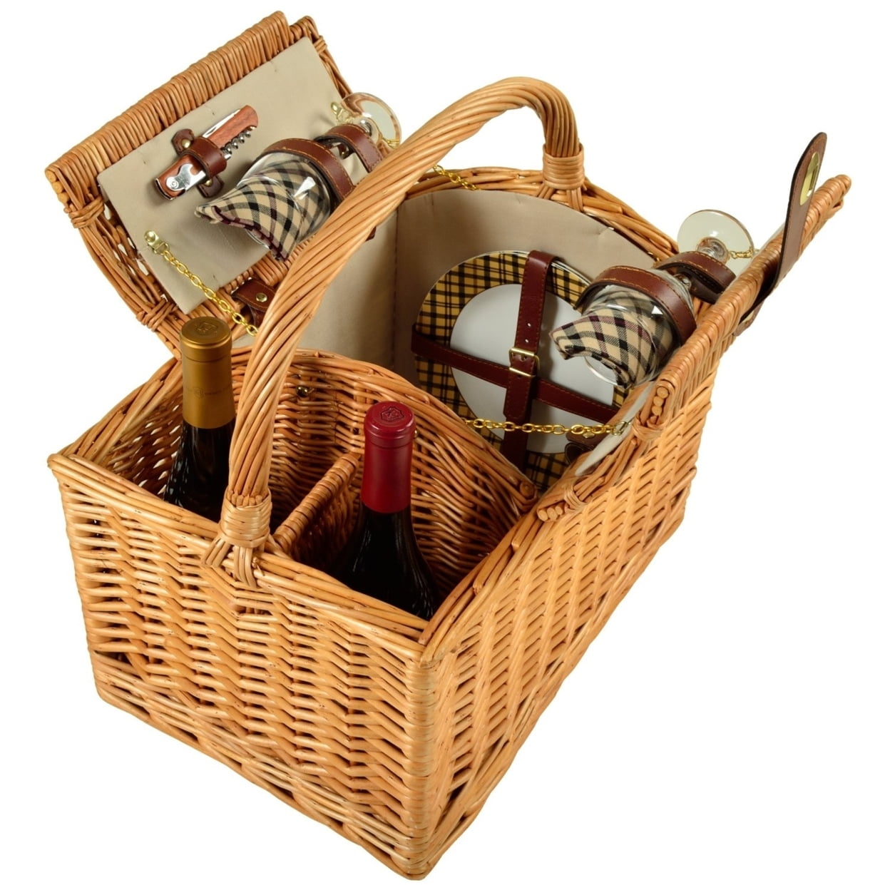 Natural Willow Picnic Basket with Two Person Set and Bottle Carrier