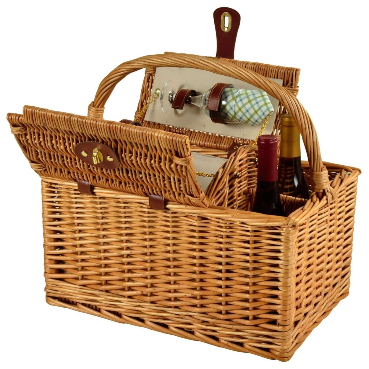 Handcrafted Willow Picnic Basket for 2 with Ceramic Plates and Wine Glasses
