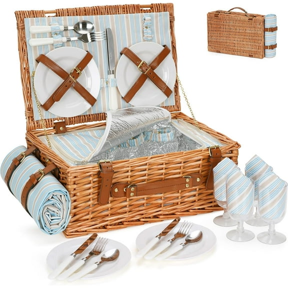 Picnic basket set, willow tree gift basket, waterproof blanket, and cutlery service set. Different colors and specifications to choose from